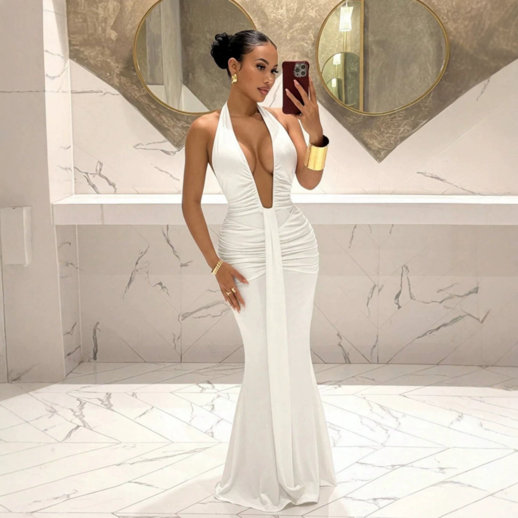 Halter Deep V Ruched Fishtail Maxi Dress