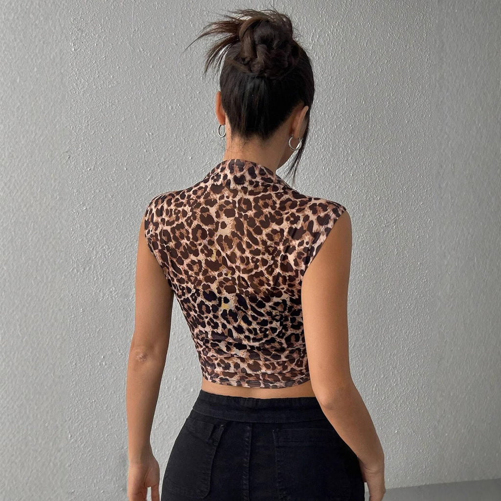 Summer Women Tops Slim Fit Slimming Sleeveless Leopard Print Stand Collar Sexy Women