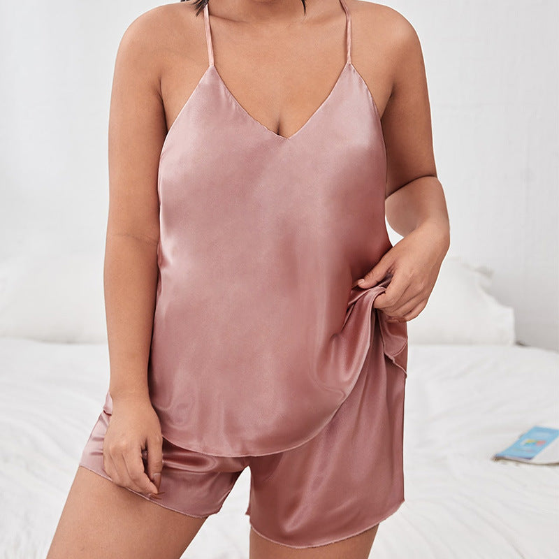 Plus Size Backless Strap Pajamas Two-Piece Set Imitation Silk Pajama