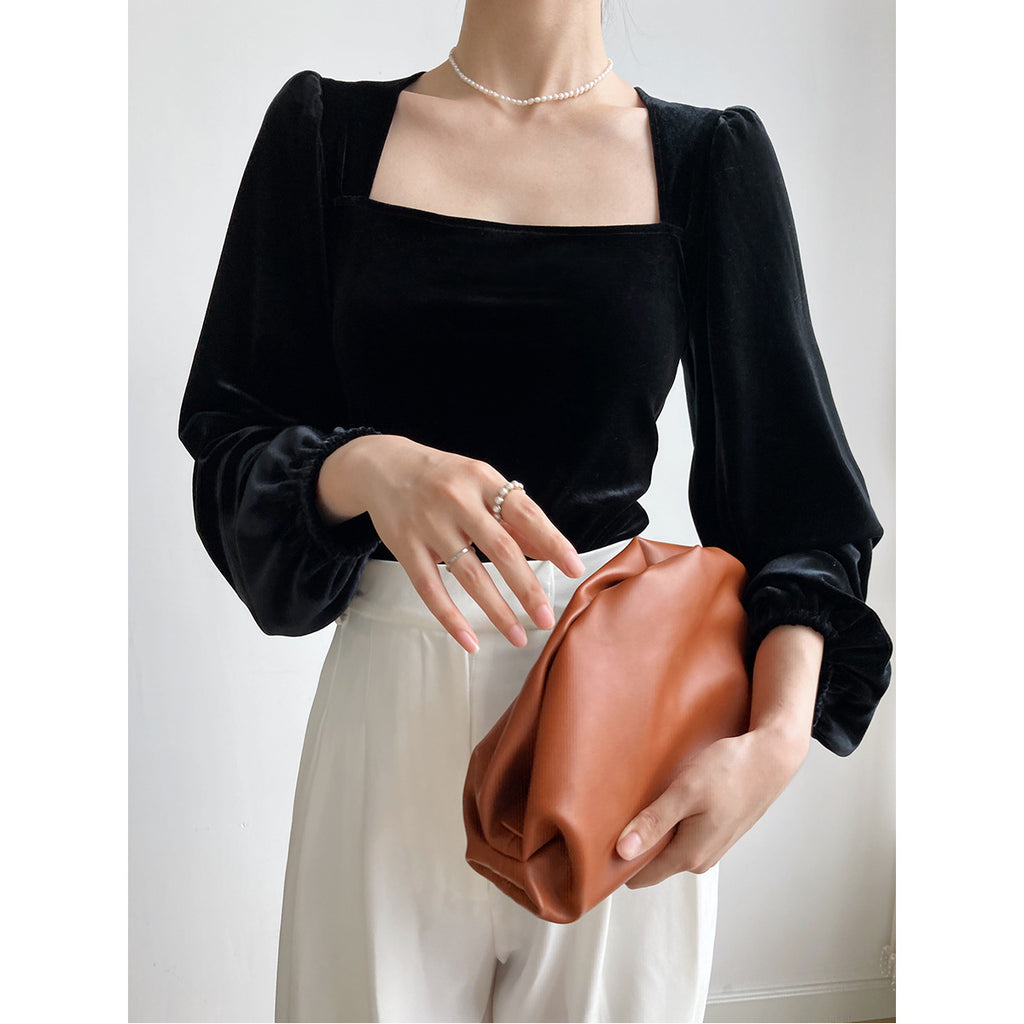 Women's Black Pleuche Square Collar Small Shirt Women Autumn Young Puff Sleeve Shirt Off-Shoulder Top