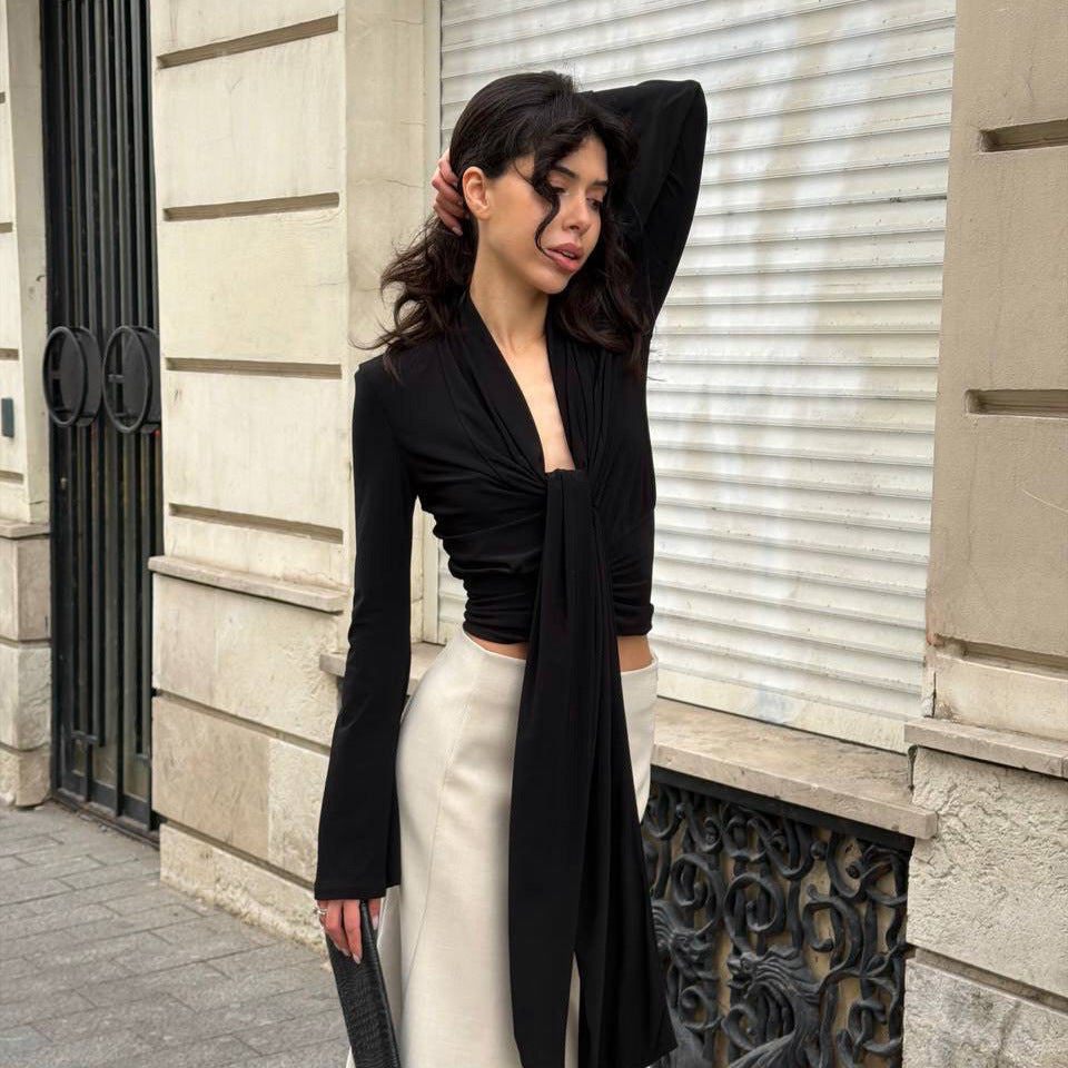 Sexy Low Cut Knitted T shirt Women Autumn Cross Tied Long