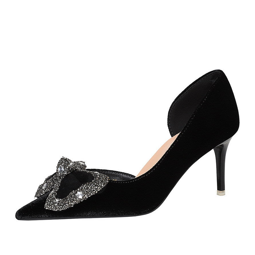 Wind Black Dignified Rhinestone Decorative Bowknot Pointed Shallow Mouth Side