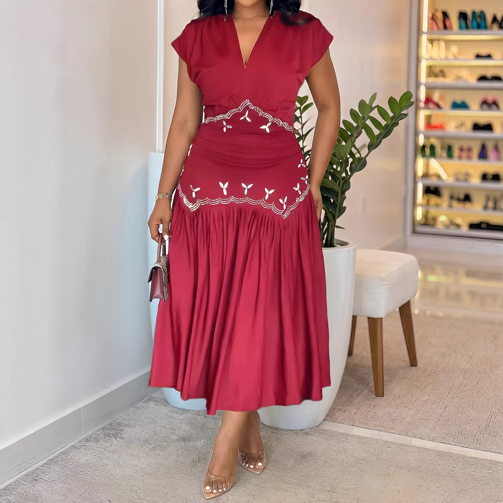 Rhinestone V-Neck Short-Sleeve A-Line Maxi Dress