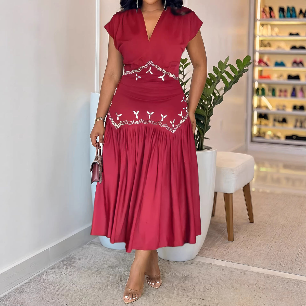 Rhinestone V-Neck Short-Sleeve A-Line Maxi Dress