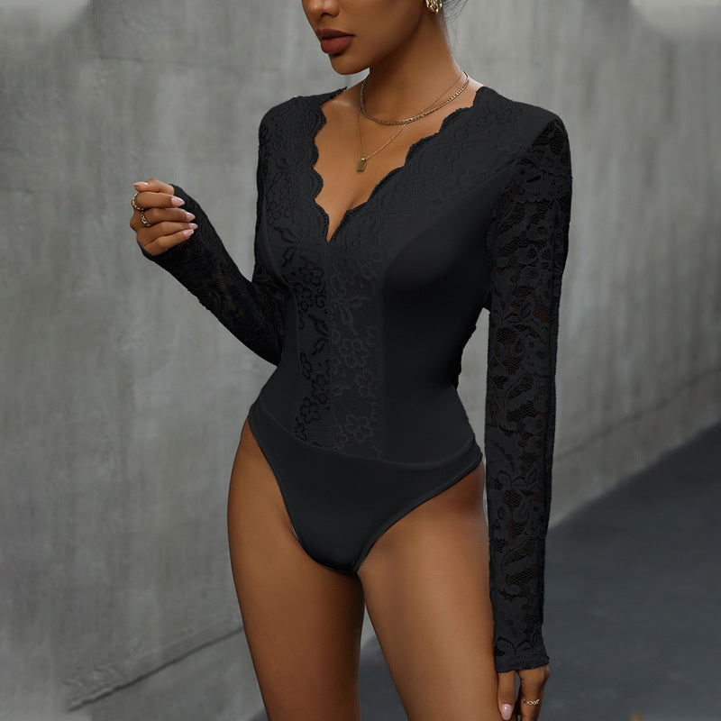 V Neck Long Sleeve Lace Jumpsuit
