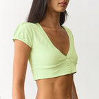 Women Clothing Summer Solid Color Low Neck Short Sleeve Button Cropped Sexy Small Top T shirt