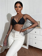 Women's Women Clothing Transparent Sexy Nightclub Women Clothing Grid Rhinestone Round Neck Long Sleeve Top