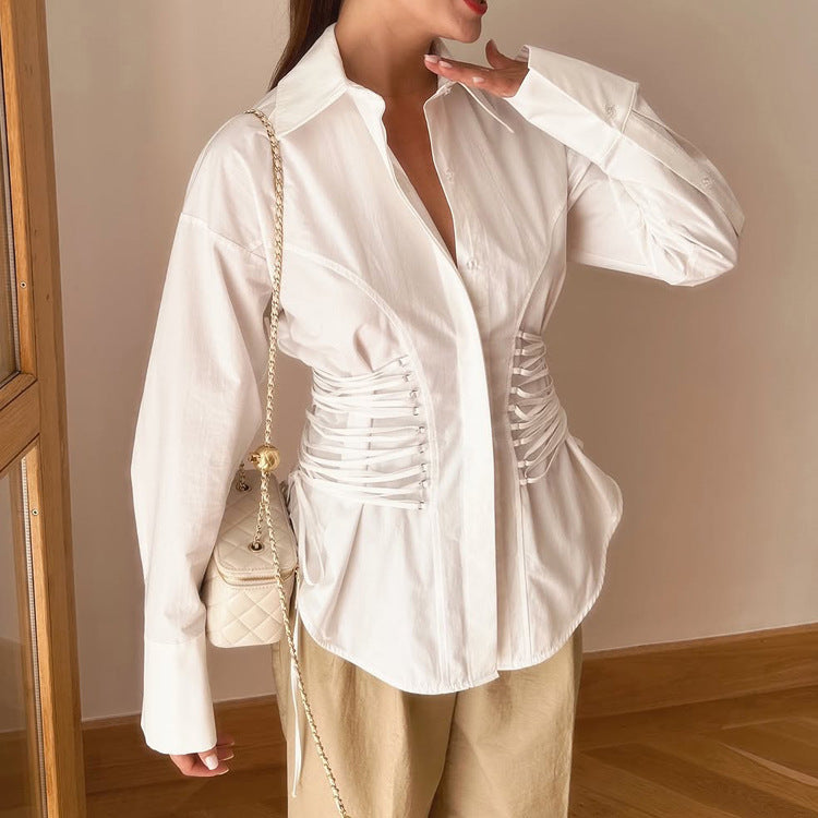 Niche Design Lace up Waist Trimming Shirt Polo Collar Long Sweater