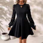 Black Lace Lantern-Sleeve Dress