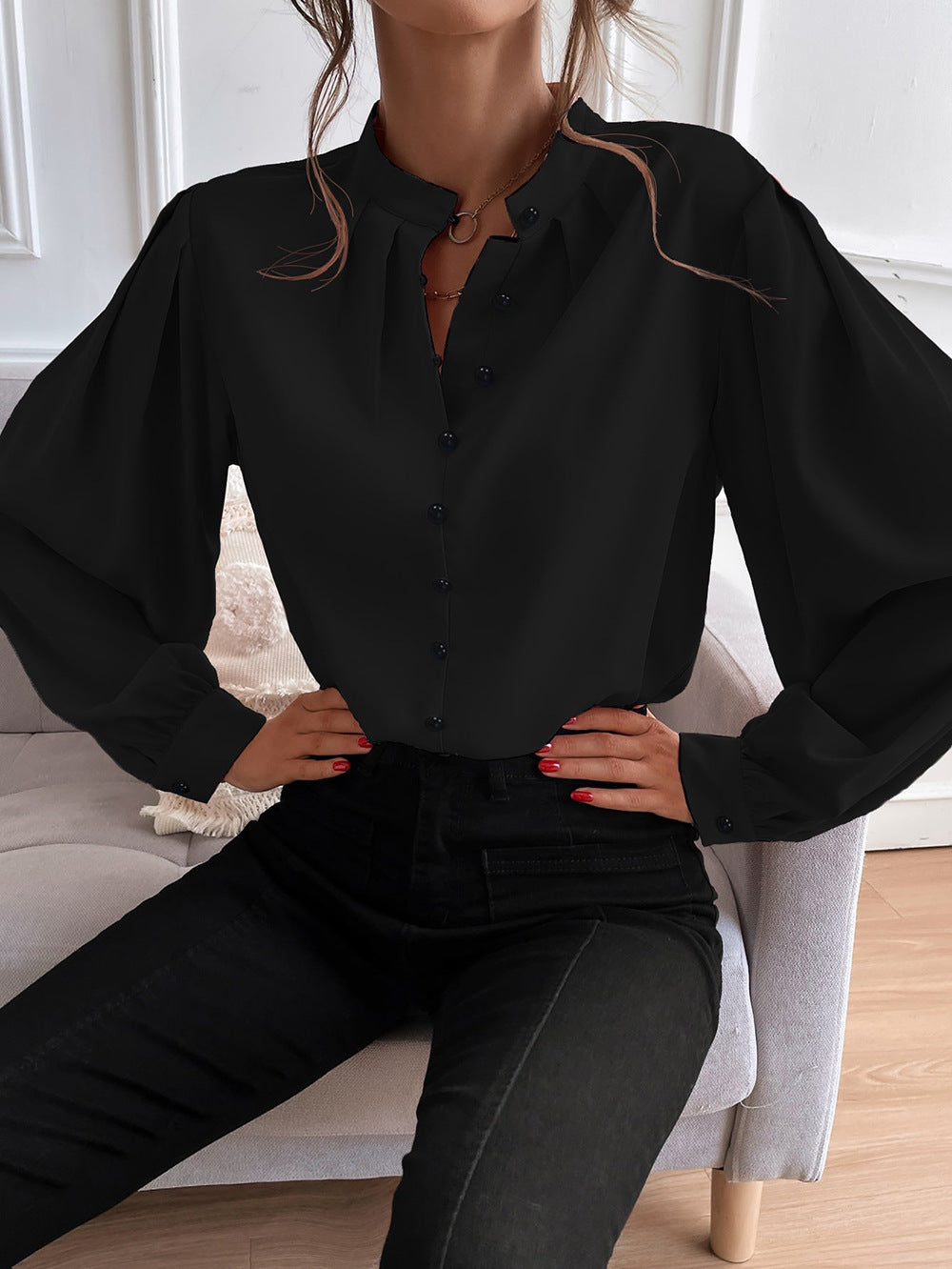 Women's Shirt Women Clothes Half Open Collar Solid Color Loose Long Sleeves Elegant