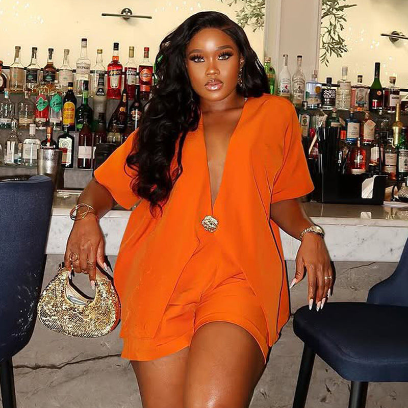 Solid Color V neck Loose Shirt Shorts Set