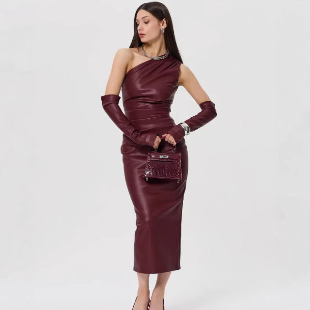 Women's Crossbody Leather Dress Women Clothing Tight Wrapped Chest Pleated Sexy Sheath Split Dress