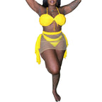 Yellow one-piece swimsuit with bandeau top, tie straps, and draped sheer skirt