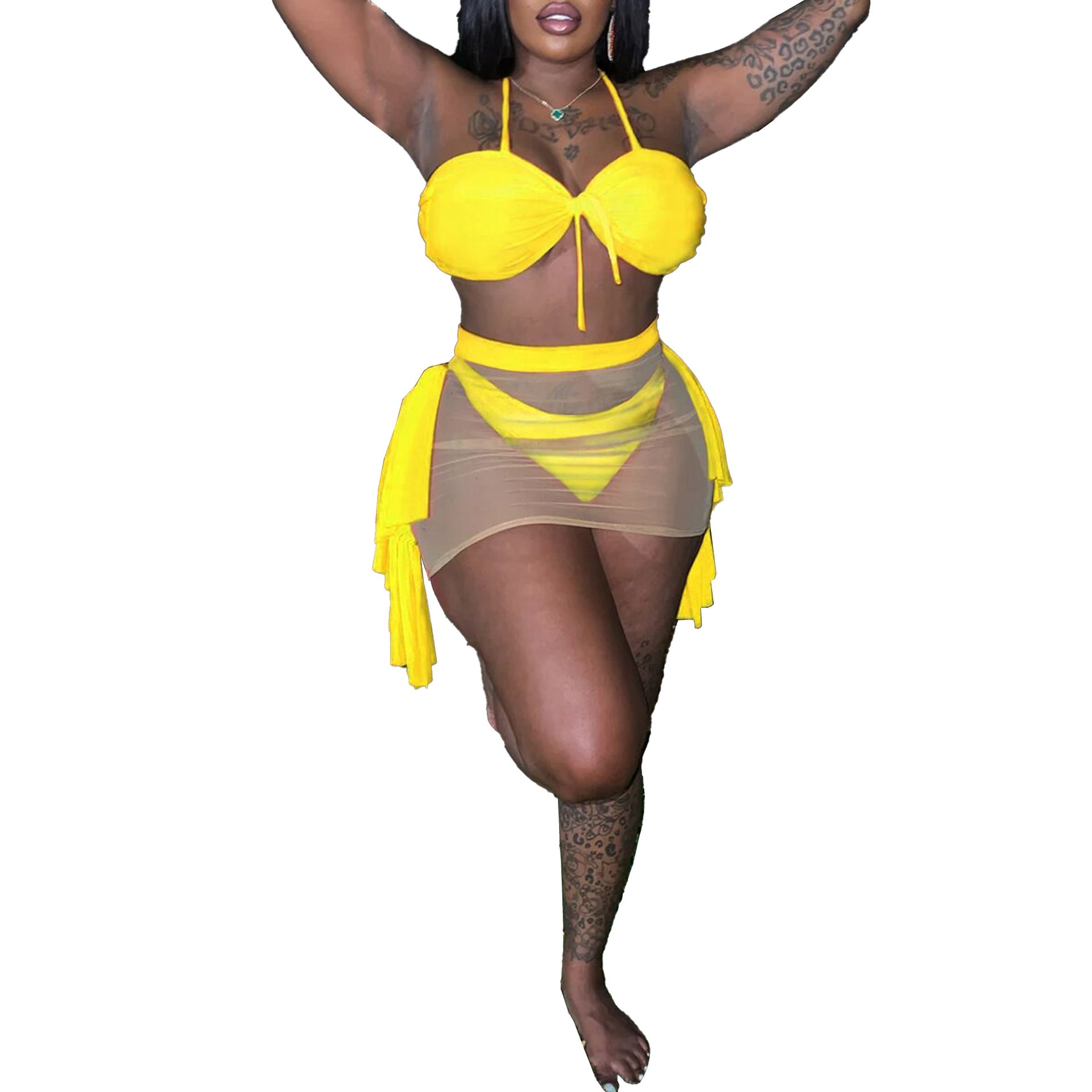 Yellow one-piece swimsuit with bandeau top, tie straps, and draped sheer skirt
