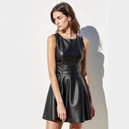 Faux-Leather Crew-Neck Sleeveless A-Line Mini Dress
