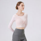 Mesh Knot Sports T shirt Women Long sleeved with Chest Pad Yoga Clothes Mesh Top Quick drying Slimming Workout Clothes(Runs Small)