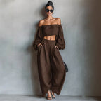 Women Spring Clothing off Shoulder Short Top Wide Leg Pants Set