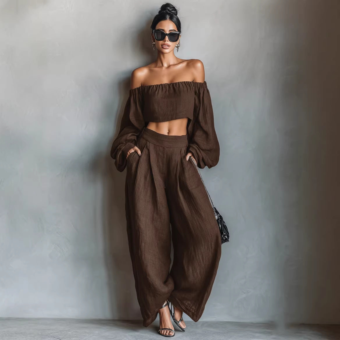 Women Spring Clothing off Shoulder Short Top Wide Leg Pants Set