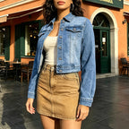 Light Blue Washed Denim Jacket Women Short Spring Autumn Denim Jacket Long Sleeve Top