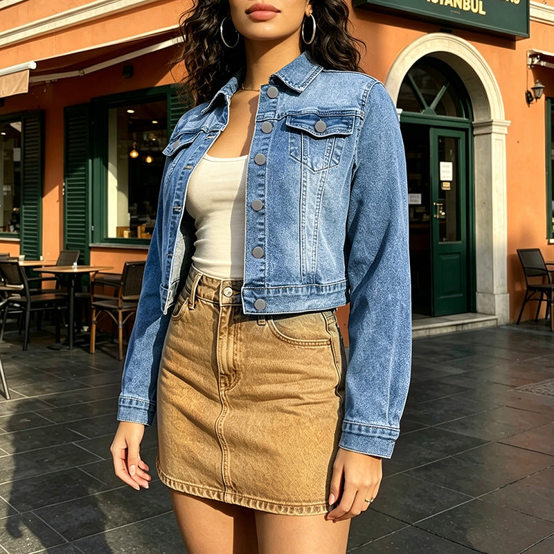 Light Blue Washed Denim Jacket Women Short Spring Autumn Denim Jacket Long Sleeve Top