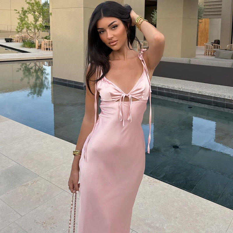 Summer V neck Lace Strap Satin Dress Sleeveless Self Tie Dress Women