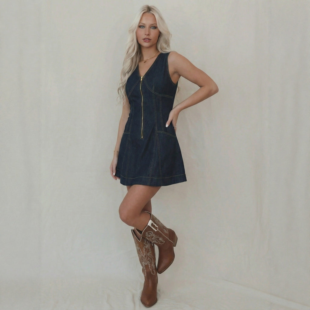 Women's Denim V-Neck Mini Dress