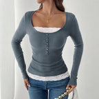 Women's Simple Square Round Collar Stitching Lace Single Breasted Slim Long Sleeve Top