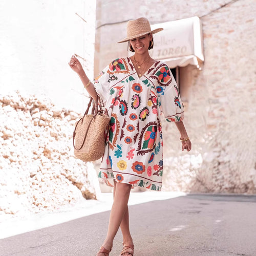 Summer Positioning Printing Loose Women Short Sleeve Mini Dress