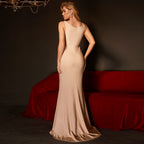 Women's Apricot V Neck Brace High Waist High Slit Evening Dress Fishtail Maxi