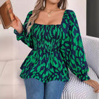 Women's Real Shot Autumn Winter Casual Wooden Ear Square Collar Leopard Print Long Sleeve Chiffon Shirt Women Clothing