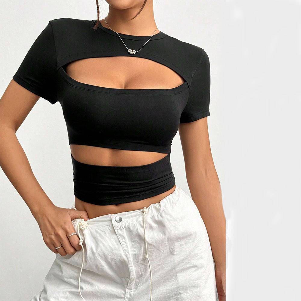 Women’s Black Cutout Slim Fit Short Sleeve Top