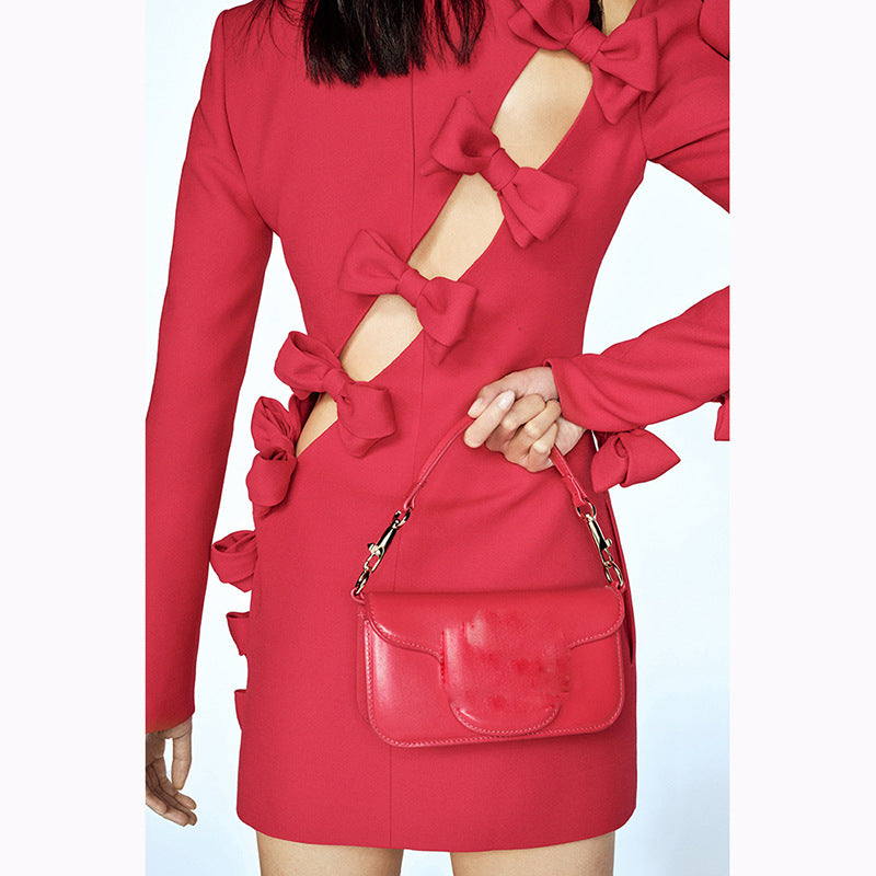 Women's Early Autumn Star Personality Asymmetric Hollow Out Cutout Bow Dress Small Dress