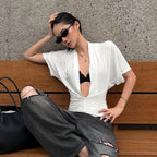 Women Clothing Sexy Slim Solid Color Drop Shoulder Deep V