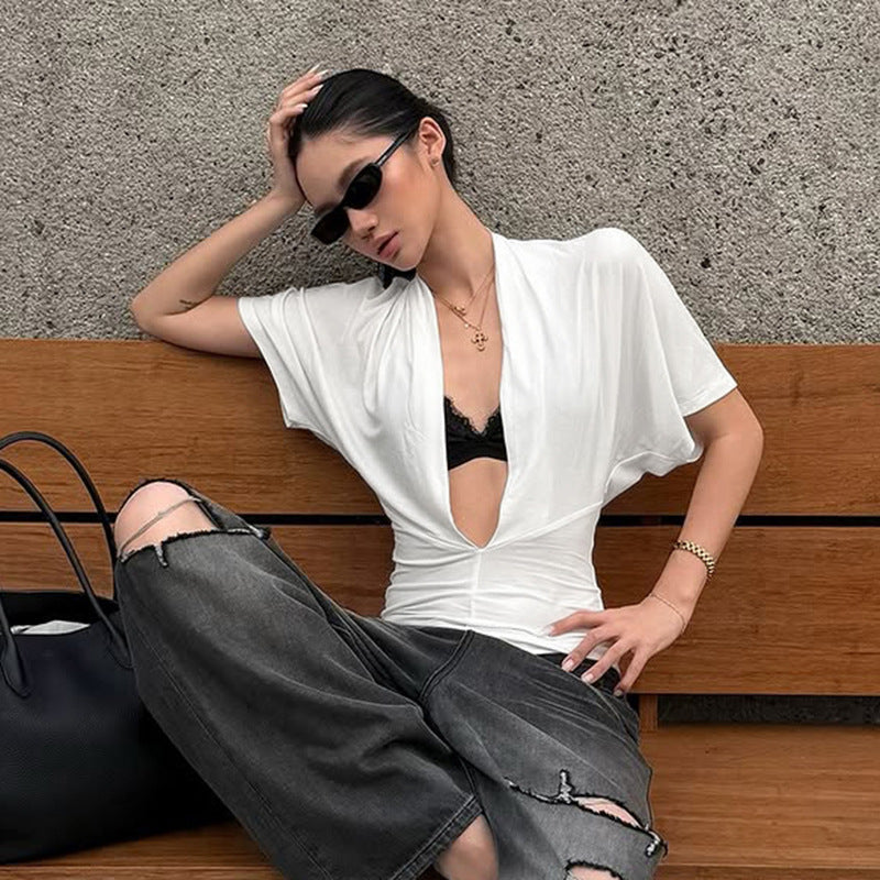 Women Clothing Sexy Slim Solid Color Drop Shoulder Deep V