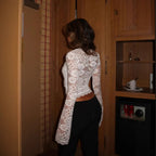 Square-Collar Lace Bell-Sleeve Top
