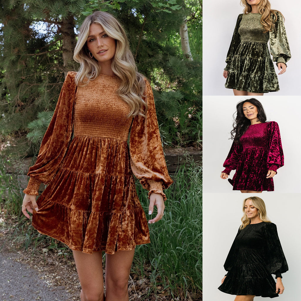 Velvet Long-Sleeve Ruffle-Neck Dress