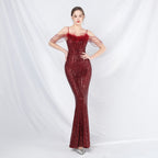 Women's Beaded Ostrich Feather Colorful Sequin Long Evening Dress