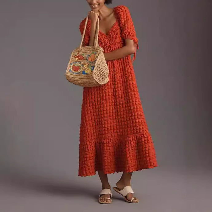 Women's Puff Sleeve Tie Detail Vacation Dress