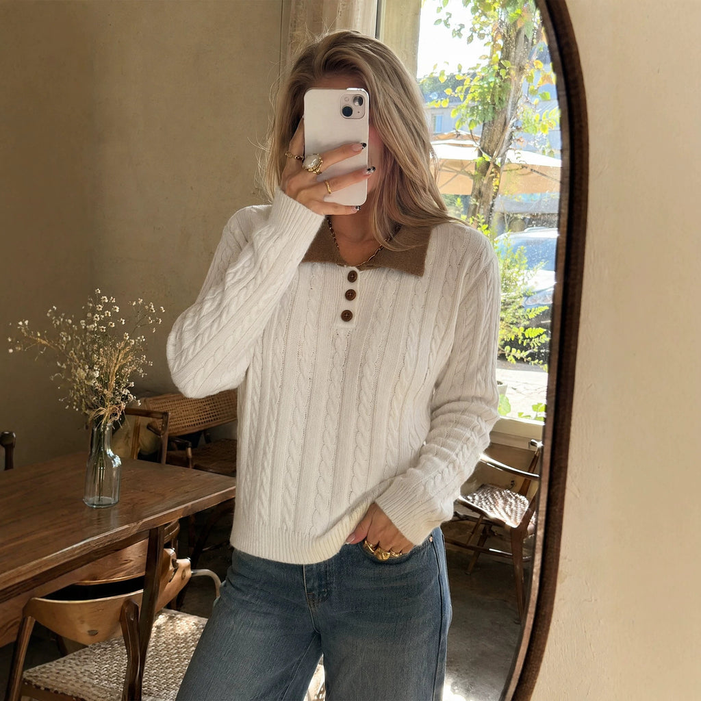 Women's Contrast-Collar Polo Knit Sweater