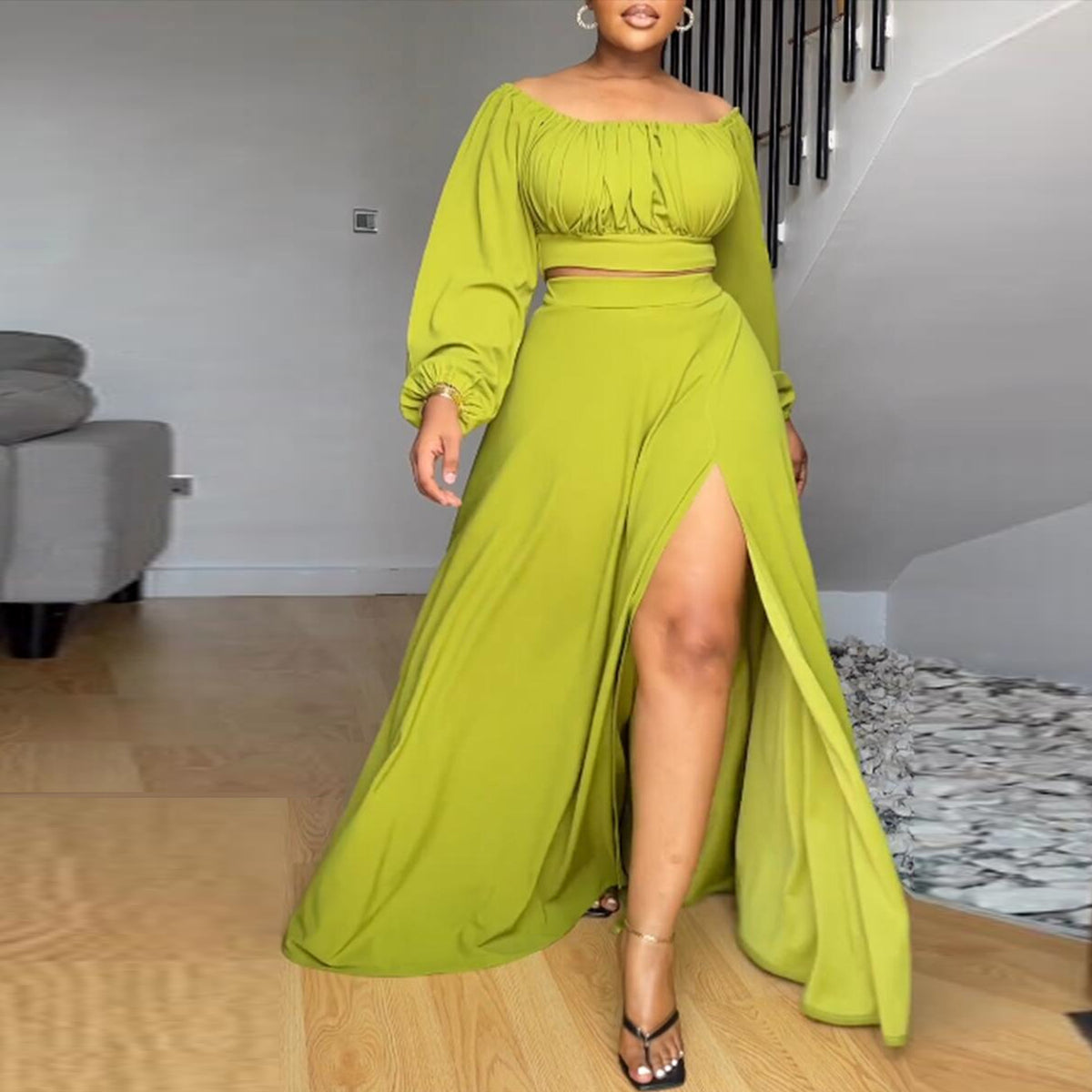 Women's Off-Shoulder High-Waisted Split Two-Piece Skirt Set