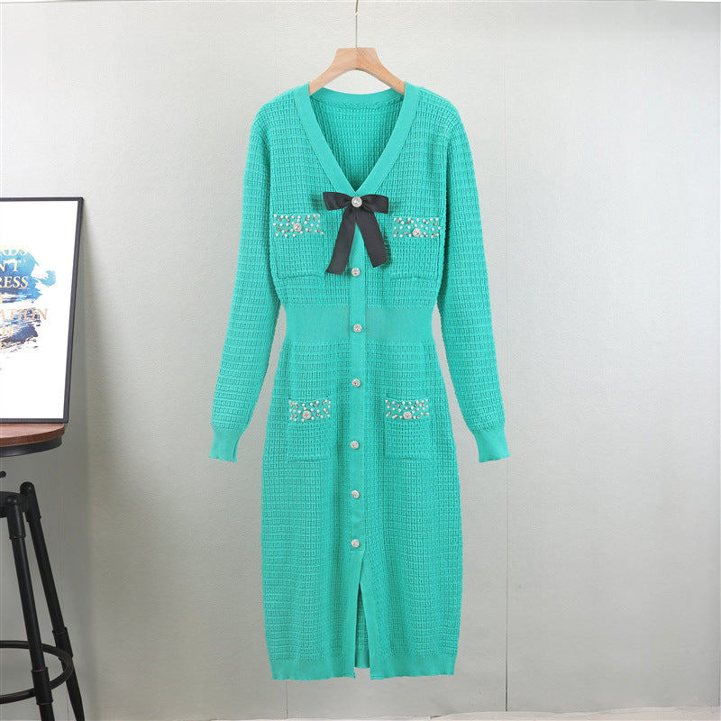 Beaded V-Neck Knit Midi Dress
