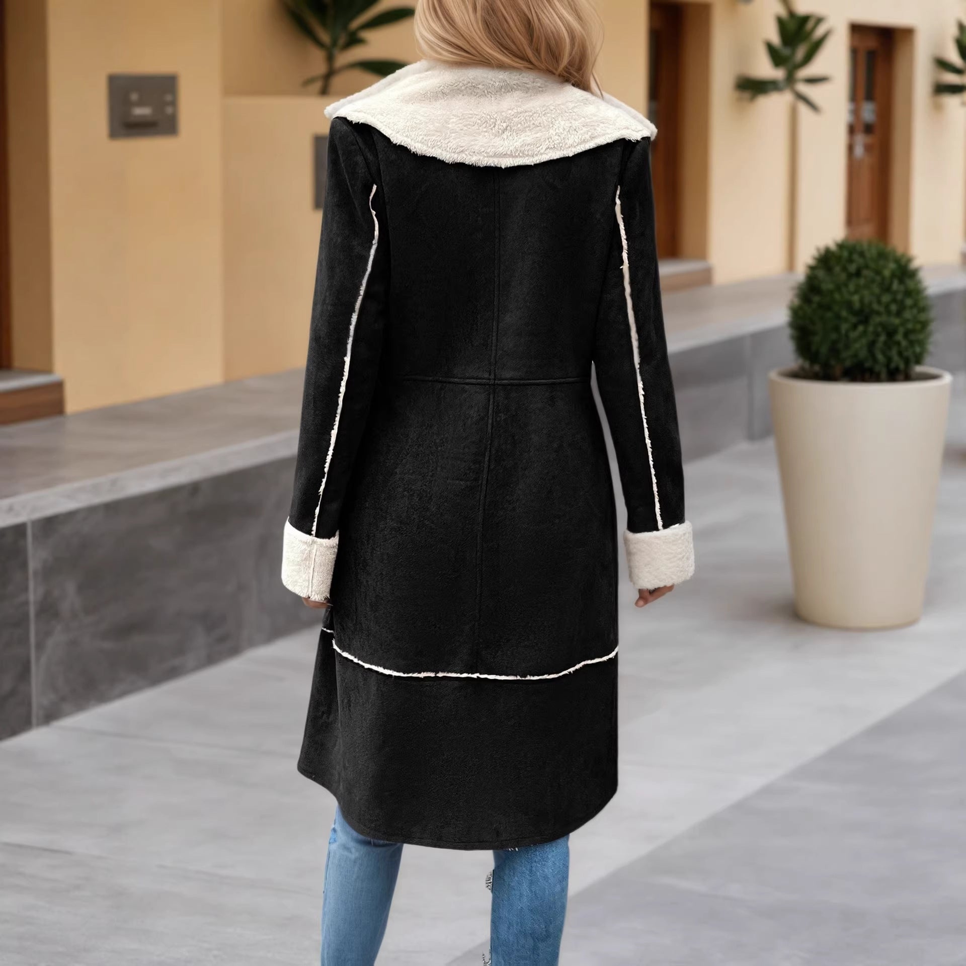 Winter Women Clothing Cotton Padded Coat Casual Retro Mid Length Fleece Lined Composite Velvet Warm Women Coat