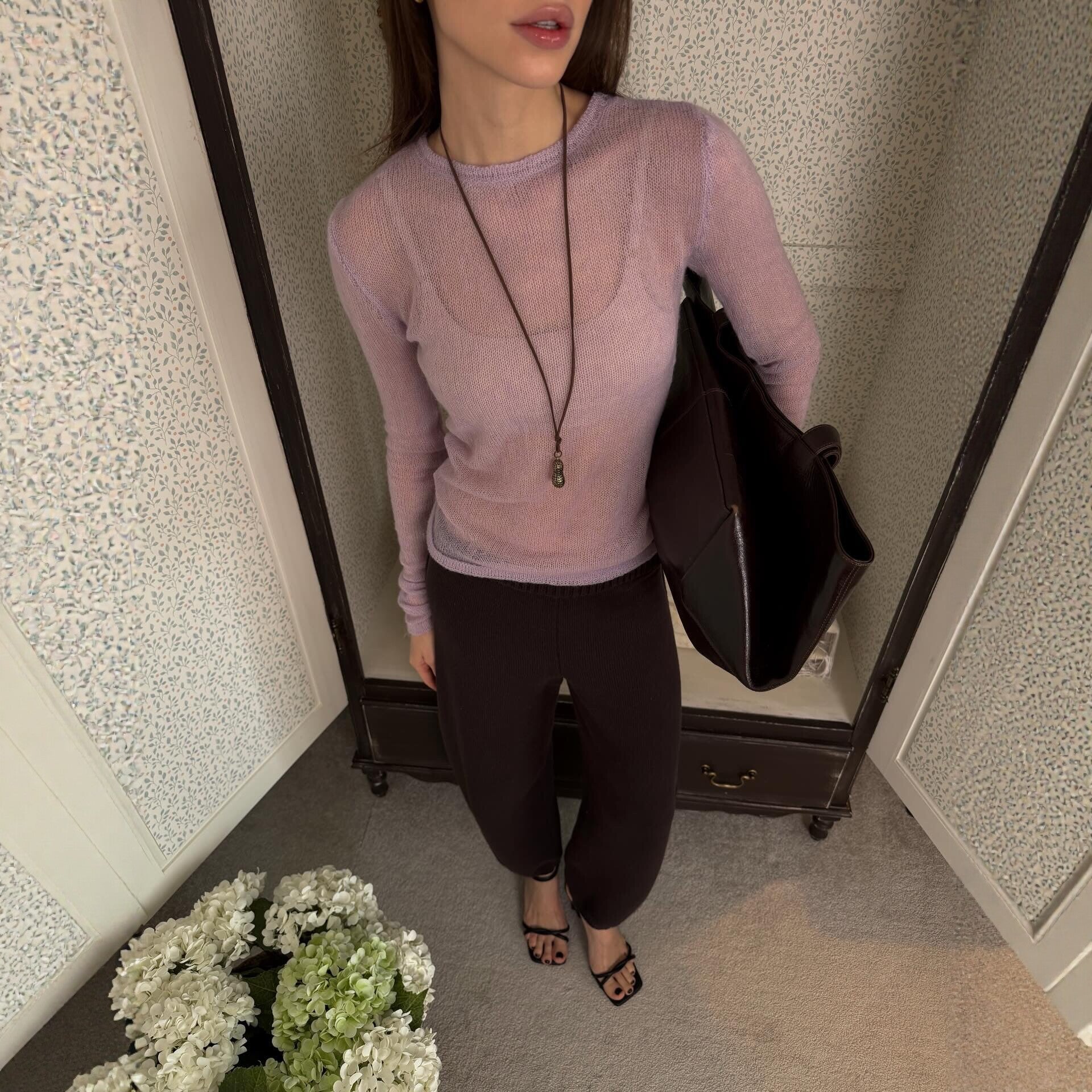 Round Neck Thin Knitwear Women Long Sleeve See through Sweater Candy Color Tops