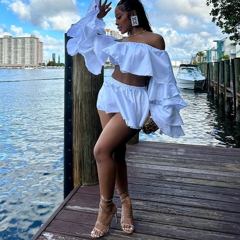 Women's Spring Solid Color Ruffled Sexy Super Top Pleated Skirt Two Piece Set