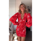 Women's V-Neck Pleated Long-Sleeve Vacation Mini Dress