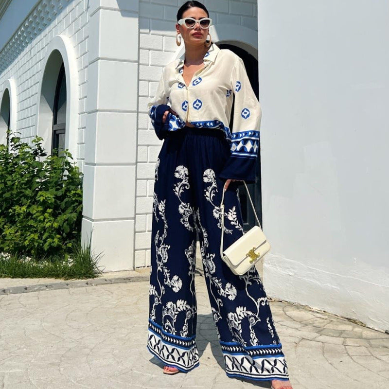 Women's Positioning Printed Loose Long Sleeves Top Wide Leg Pants Two