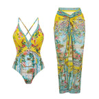 Printed one-piece swimsuit with V-neck and long patterned skirt with drawstring bow