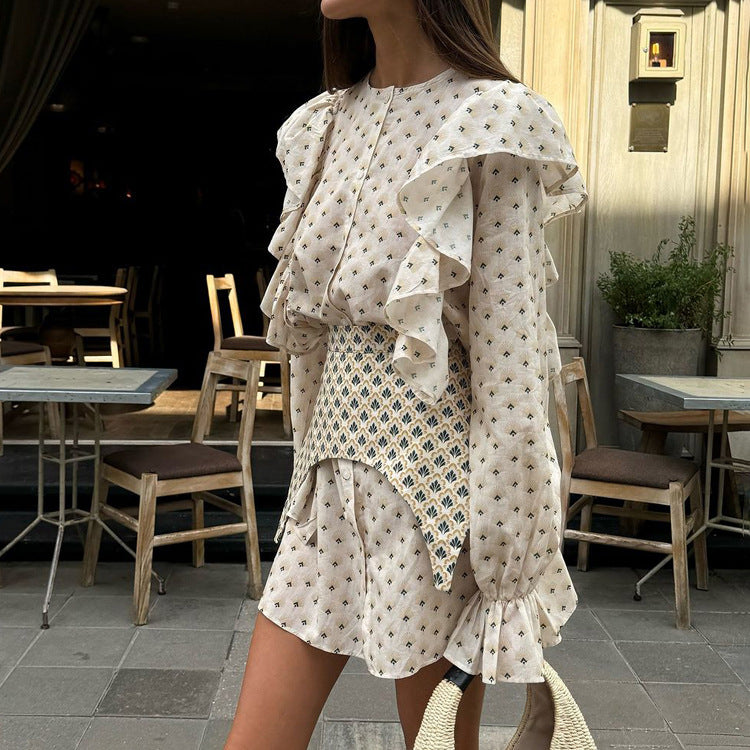 Round Neck Ruffled Bell Sleeve Shirt Dress