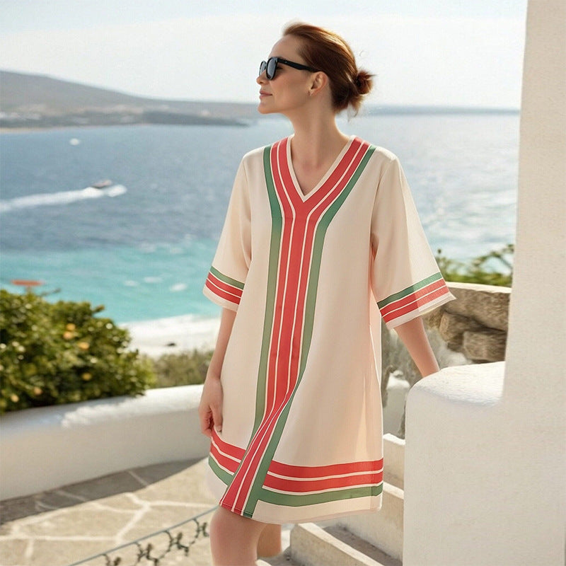 Seaside Holiday Beach Mid Length Retro V-Neck Cotton Linen Loose Dress
