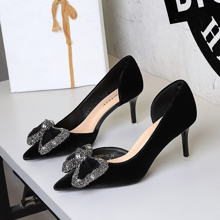 Wind Black Dignified Rhinestone Decorative Bowknot Pointed Shallow Mouth Side